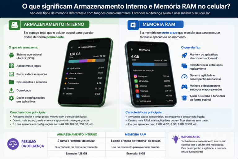 O que significa armazenamento interno e memória RAM no celular