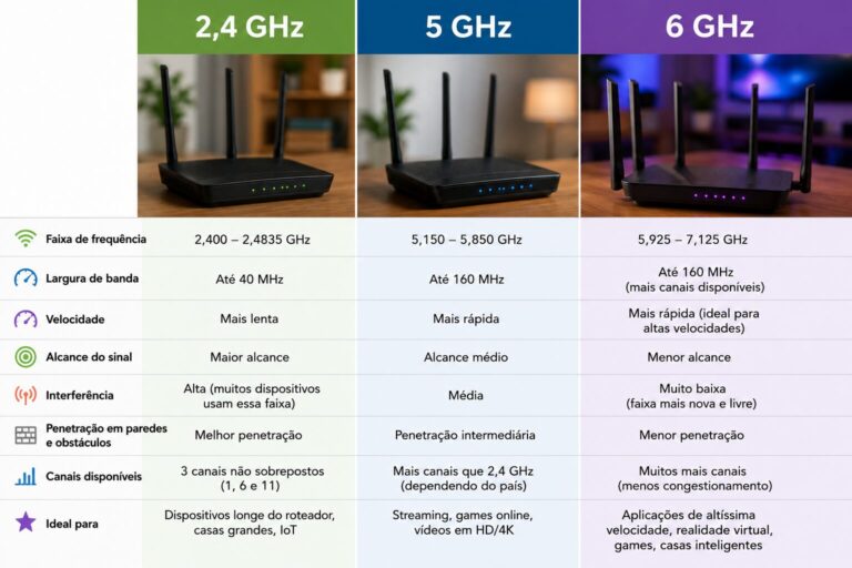 Diferença entre Wi-Fi de 2,4 GHz, 5 GHz e 6 GHz