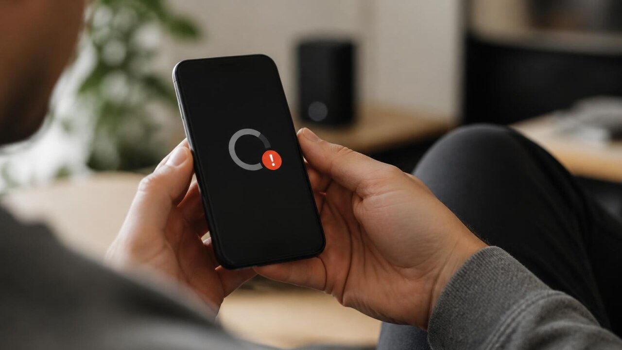 Pessoa segurando um smartphone com tela de aplicativo travado e expressão de frustração