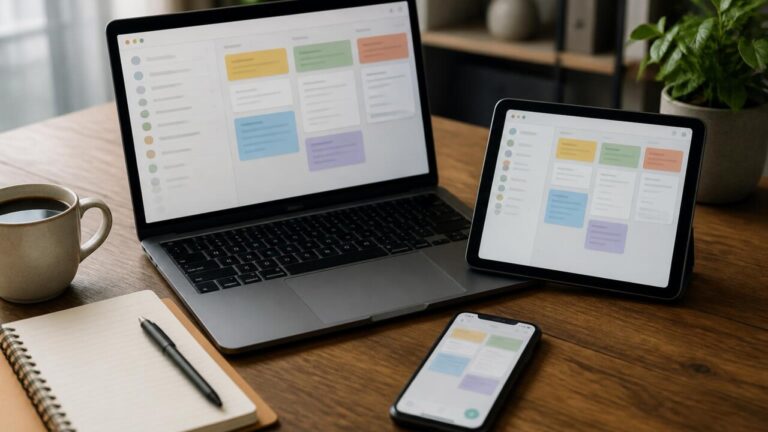 Mesa com laptop, tablet e smartphone exibindo interfaces de aplicativos de anotações