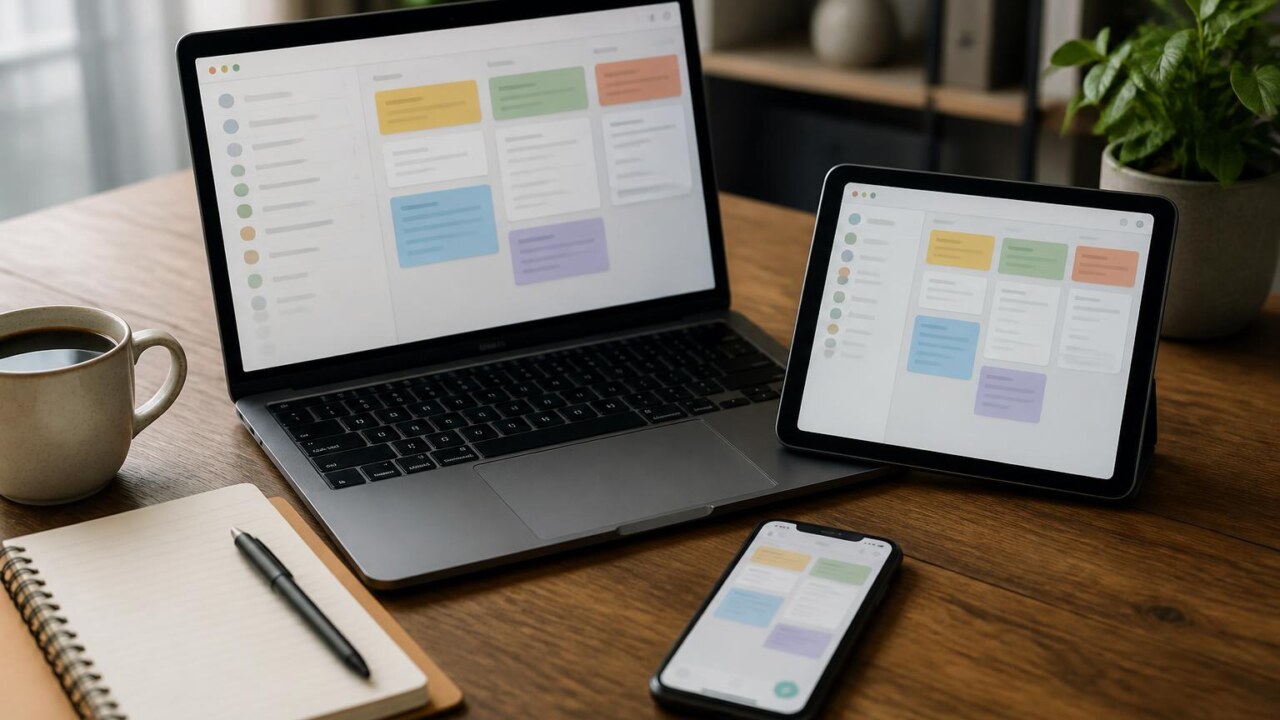 Mesa com laptop, tablet e smartphone exibindo interfaces de aplicativos de anotações