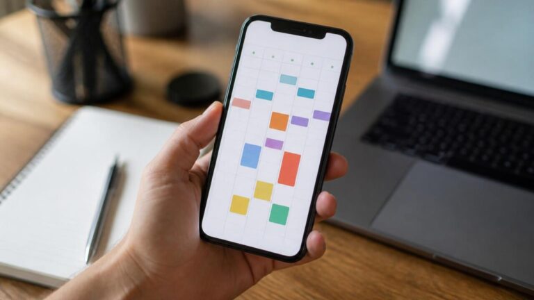 Pessoa consultando aplicativo de calendário em smartphone com marcações coloridas na tela