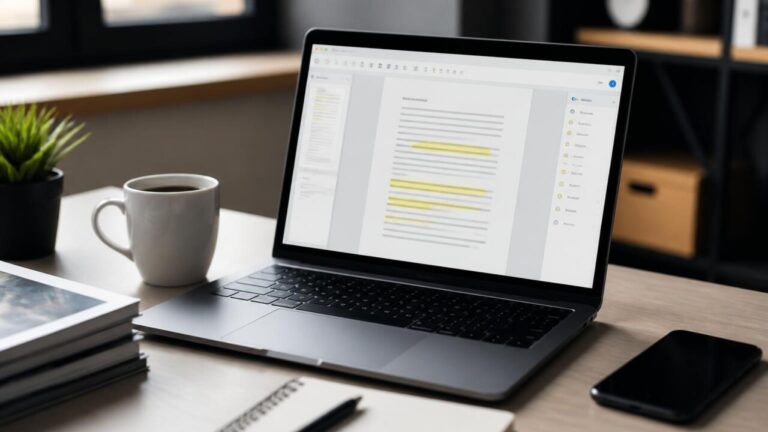 Pessoa editando um documento PDF em um laptop com anotações e menus de ferramentas visíveis