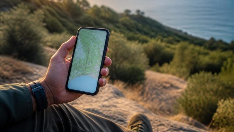 Pessoa consultando mapa offline em smartphone em trilha ao ar livre