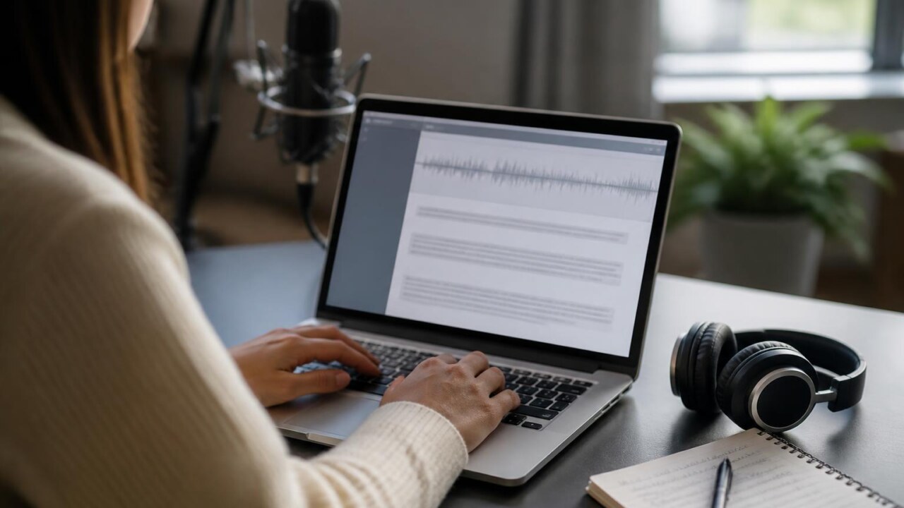 Pessoa editando transcrição de áudio no computador com fones de ouvido ao lado