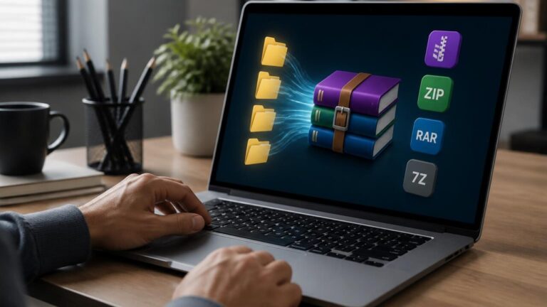 Ilustração de pastas e arquivos sendo compactados em diferentes formatos como ZIP, RAR e 7Z