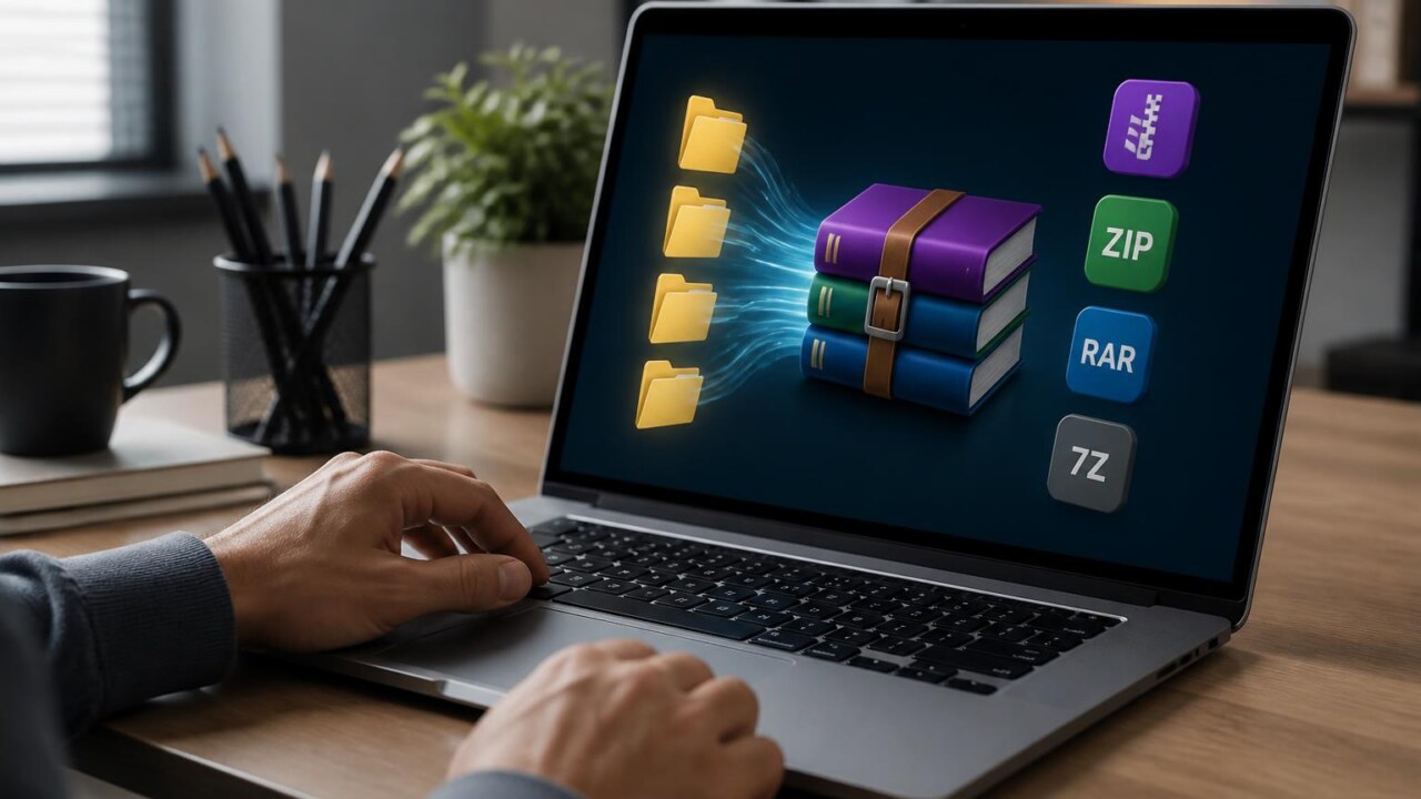 Ilustração de pastas e arquivos sendo compactados em diferentes formatos como ZIP, RAR e 7Z