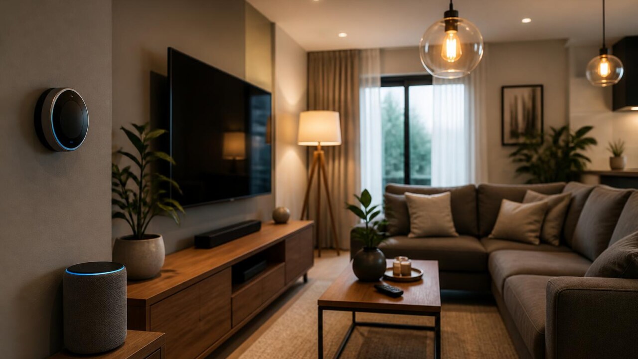 Sala moderna com dispositivos inteligentes integrados: termostato, lâmpadas inteligentes e assistente de voz sobre mesa de centro.
