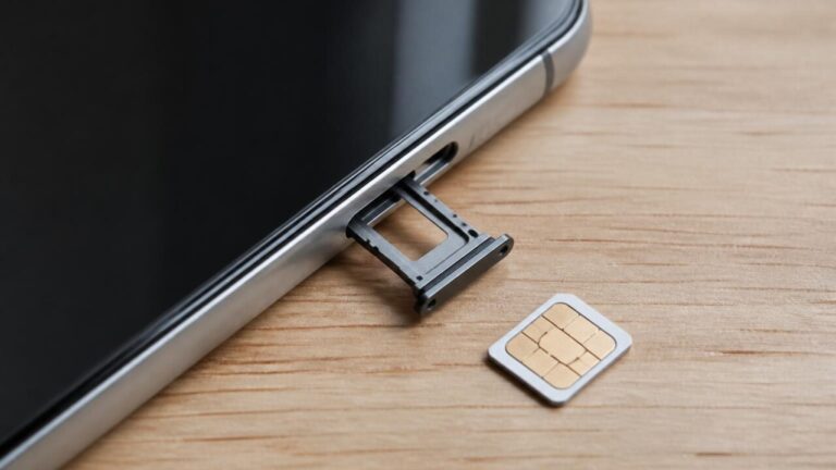 Mão segurando smartphone com bandeja de chip aberta e um cartão SIM ao lado