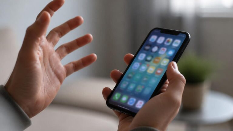 Pessoa segurando celular com tela inicial e gesto de frustração por reinício automático
