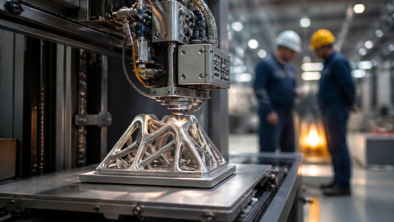 Impressora 3D industrial fabricando peça metálica em ambiente de produção