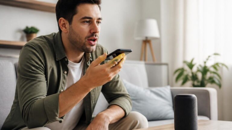 Pessoa usando comando de voz em um smartphone com fone de ouvido e assistente digital ativo