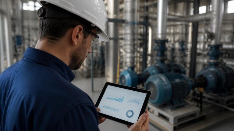 Técnico analisando painel com gráficos de monitoramento de máquina em ambiente industrial