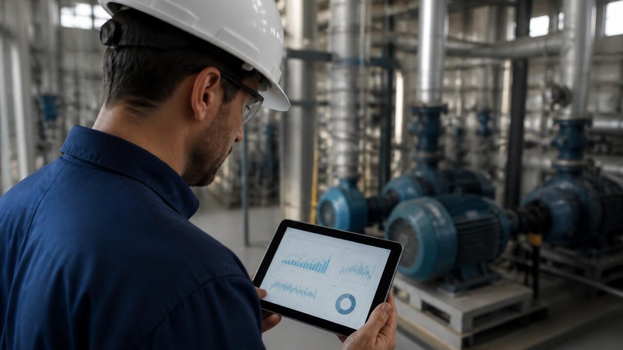 Técnico analisando painel com gráficos de monitoramento de máquina em ambiente industrial