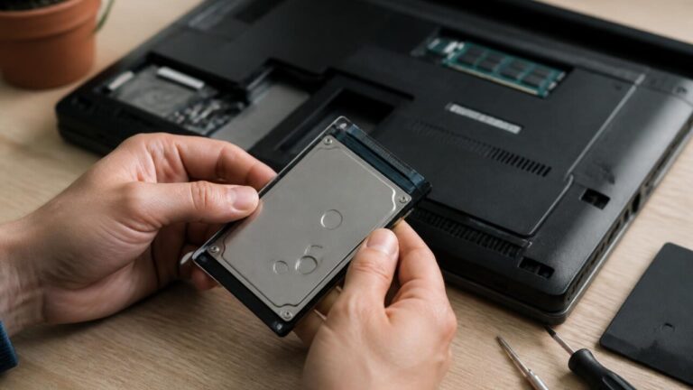 Mãos removendo disco rígido de um laptop para descarte seguro
