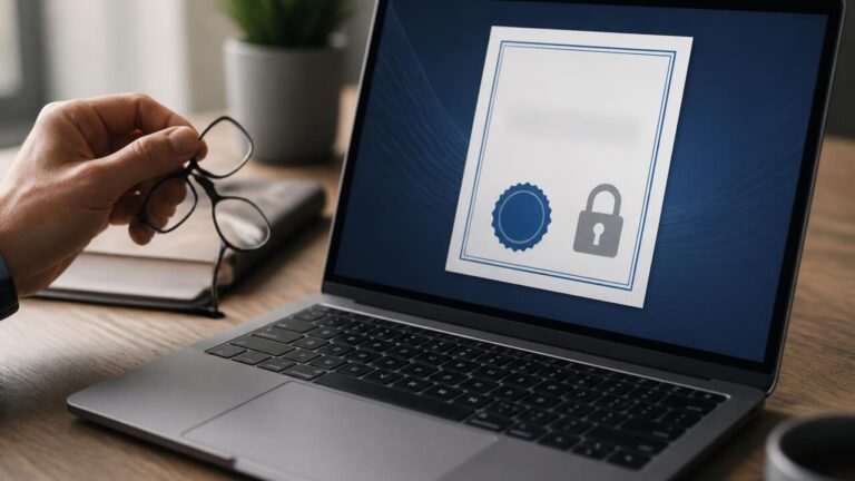 Mãos digitando em laptop com ícone de cadeado digital e certificado sobreposto