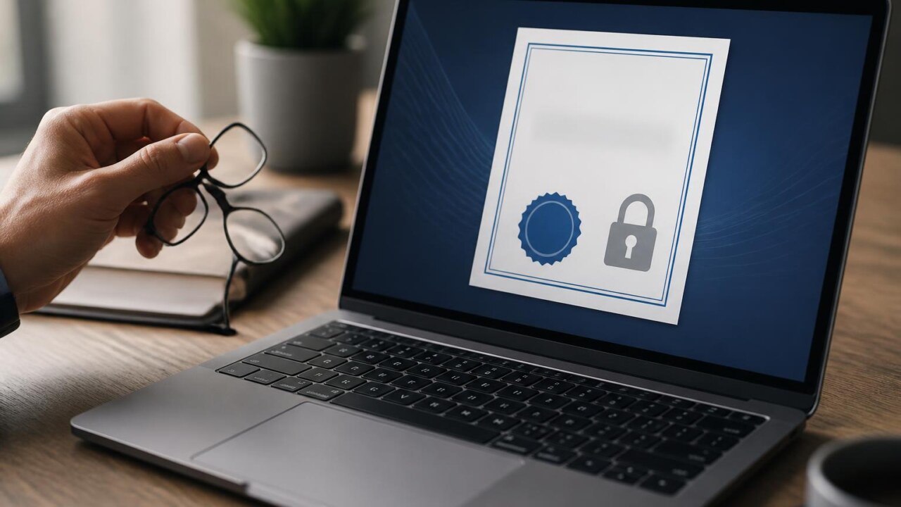 Mãos digitando em laptop com ícone de cadeado digital e certificado sobreposto