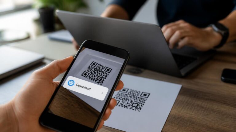 Pessoa escaneando QR Code com smartphone em ambiente de escritório, tela mostrando confirmação de download seguro