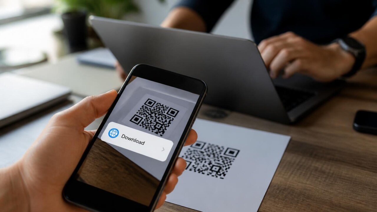 Pessoa escaneando QR Code com smartphone em ambiente de escritório, tela mostrando confirmação de download seguro