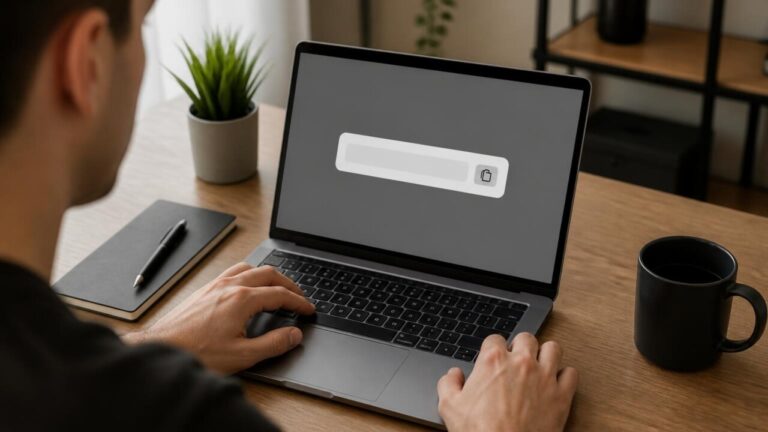 Pessoa verificando URL de link encurtado em laptop, com destaque para barra de endereço.