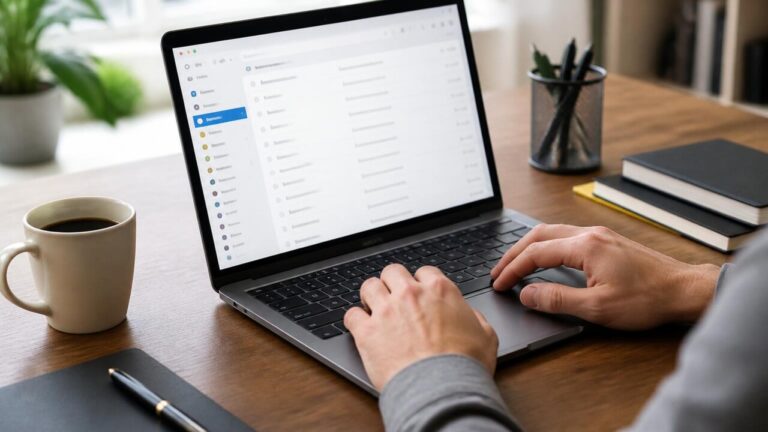 Pessoa organizando e-mails no computador, com pastas e etiquetas visíveis na tela.