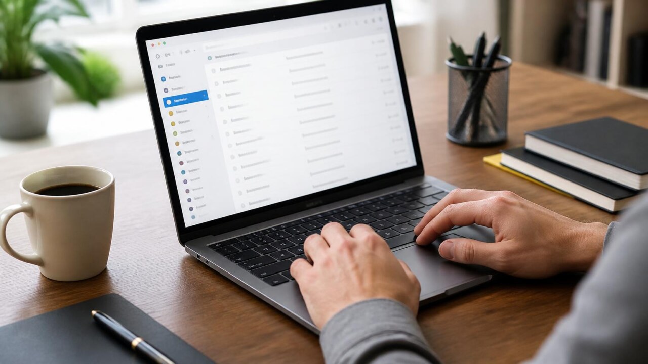 Pessoa organizando e-mails no computador, com pastas e etiquetas visíveis na tela.