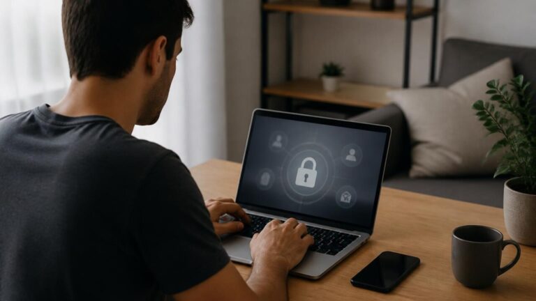 Pessoa configurando segurança de conta em um laptop, com ícones de cadeado e autenticação ao fundo