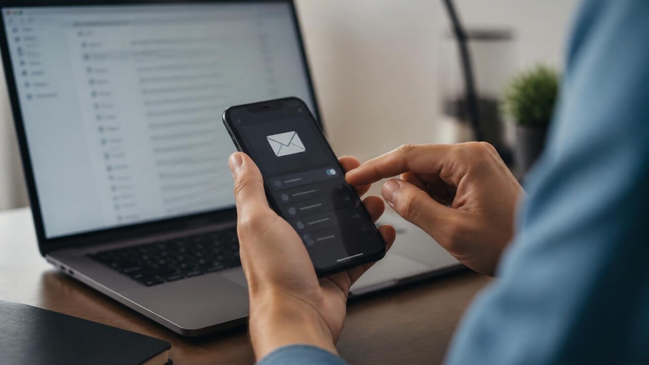 Pessoa configurando e-mail em smartphone com laptop aberto ao fundo
