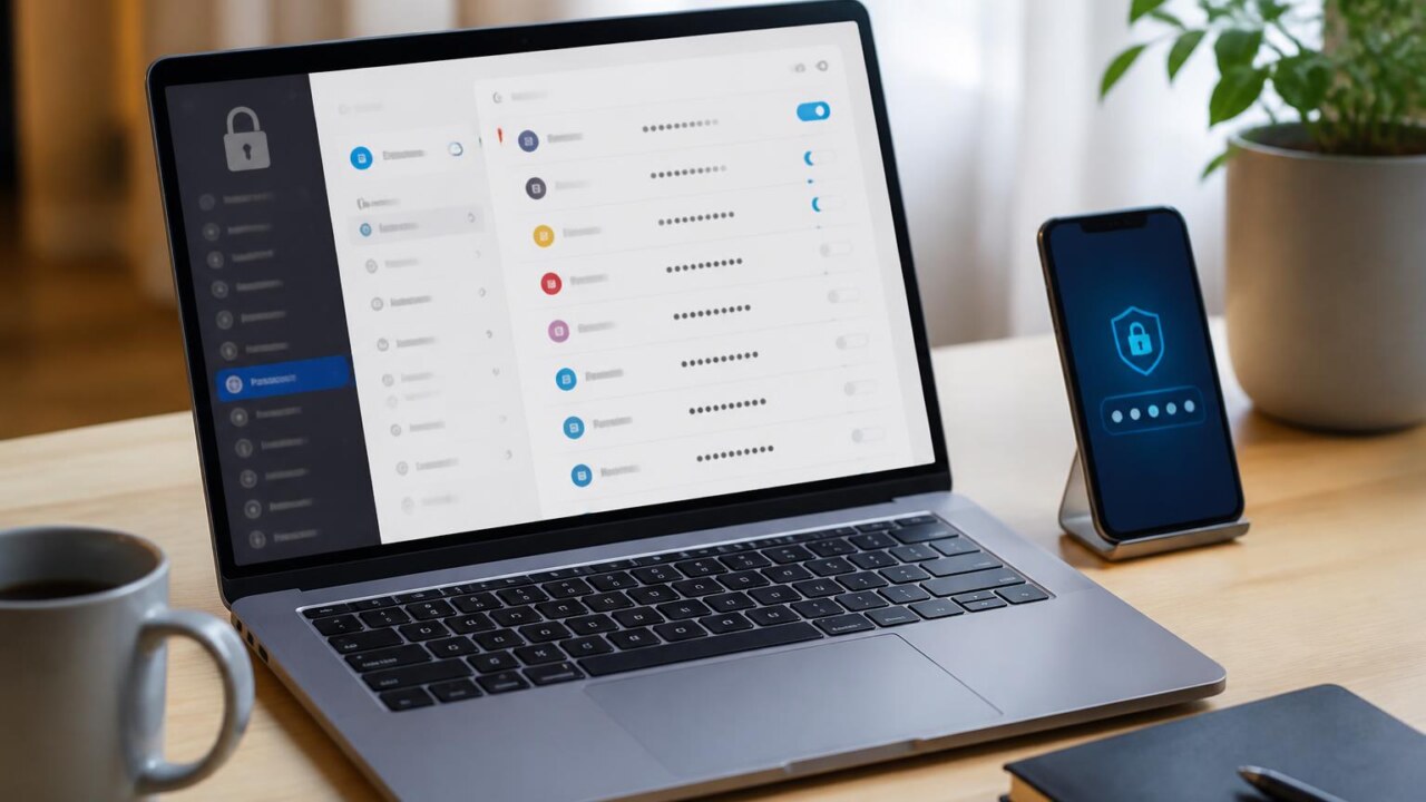 Pessoa configurando um gerenciador de senhas em laptop, com smartphone ao lado.