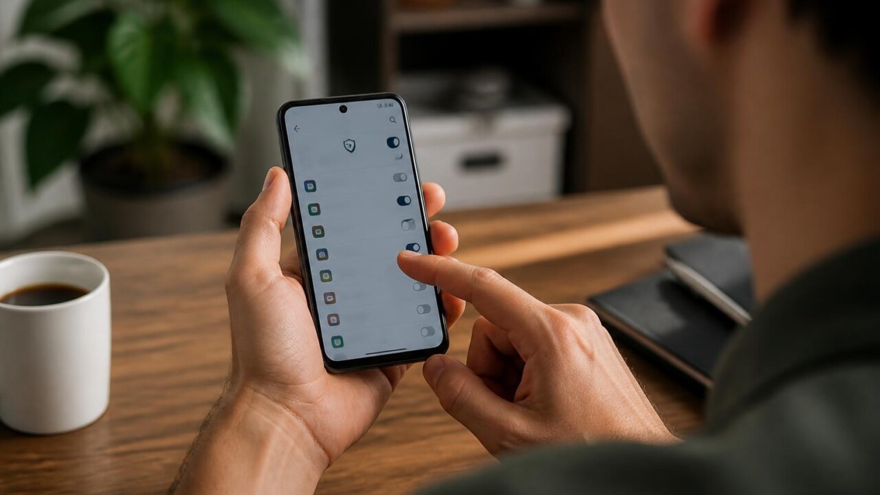 Pessoa revisando configurações de privacidade no smartphone com tela mostrando permissões de aplicativos