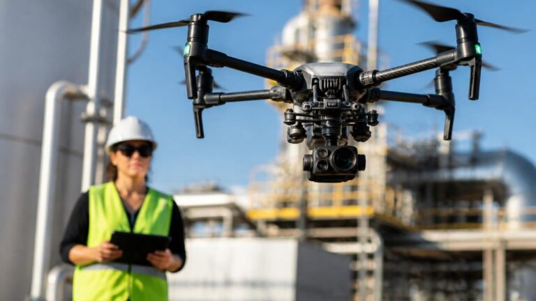 Drone em voo inspecionando instalação industrial com câmera térmica e visual.