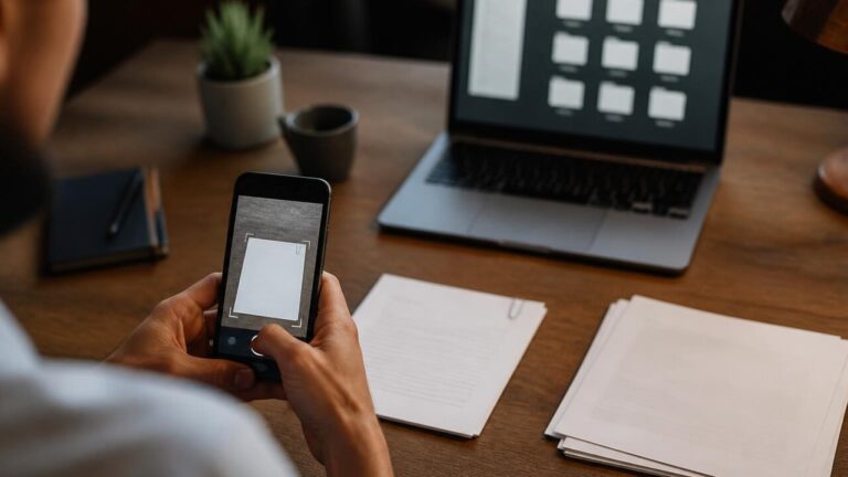 Pessoa digitalizando documentos com o celular sobre uma mesa organizada