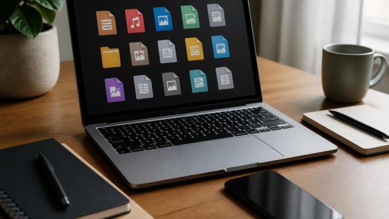 Mesa de trabalho com laptop e arquivos digitais exibindo diferentes formatos de mídia
