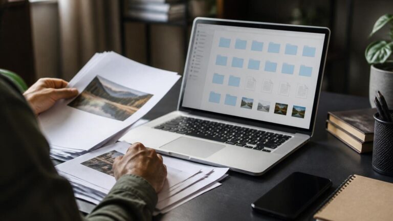 Pessoa organizando arquivos de notas em laptop antes de migrar para novo aplicativo de anotações