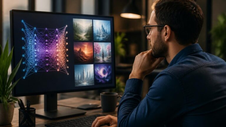 Pessoa em frente a monitor com visualizações de redes neurais e imagens geradas por IA