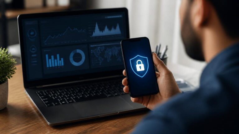 Pessoa recebendo notificação de segurança em celular enquanto monitora painel em notebook
