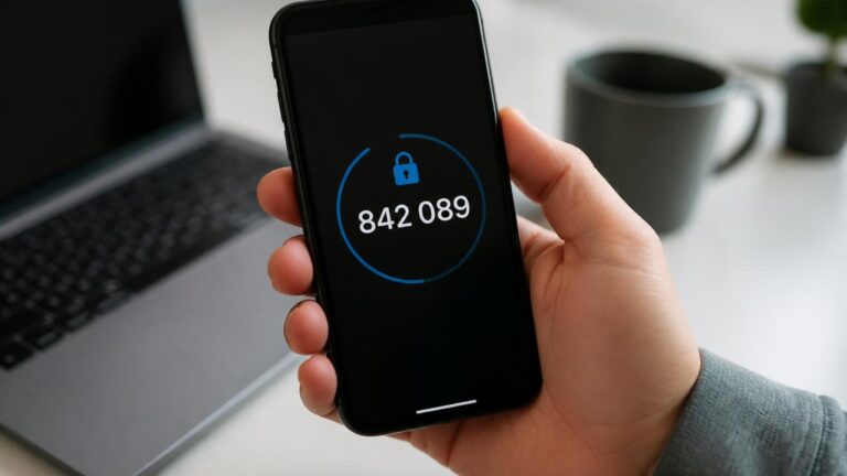 Pessoa usando aplicativo de autenticação em um smartphone com código temporário visível na tela