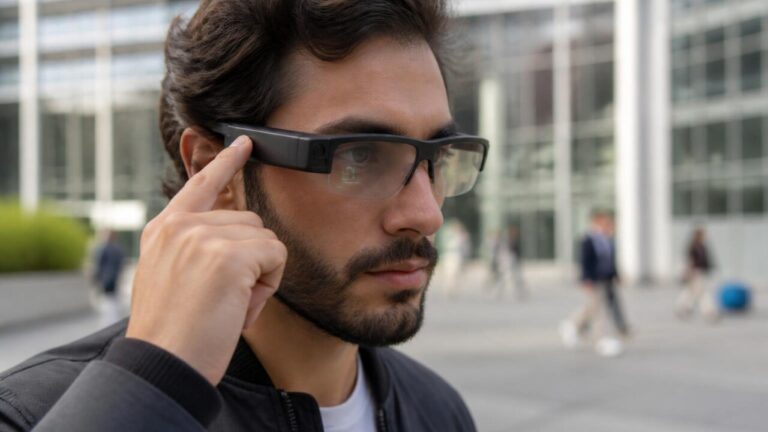 Pessoa usando óculos inteligentes com interface discreta na lente em ambiente urbano