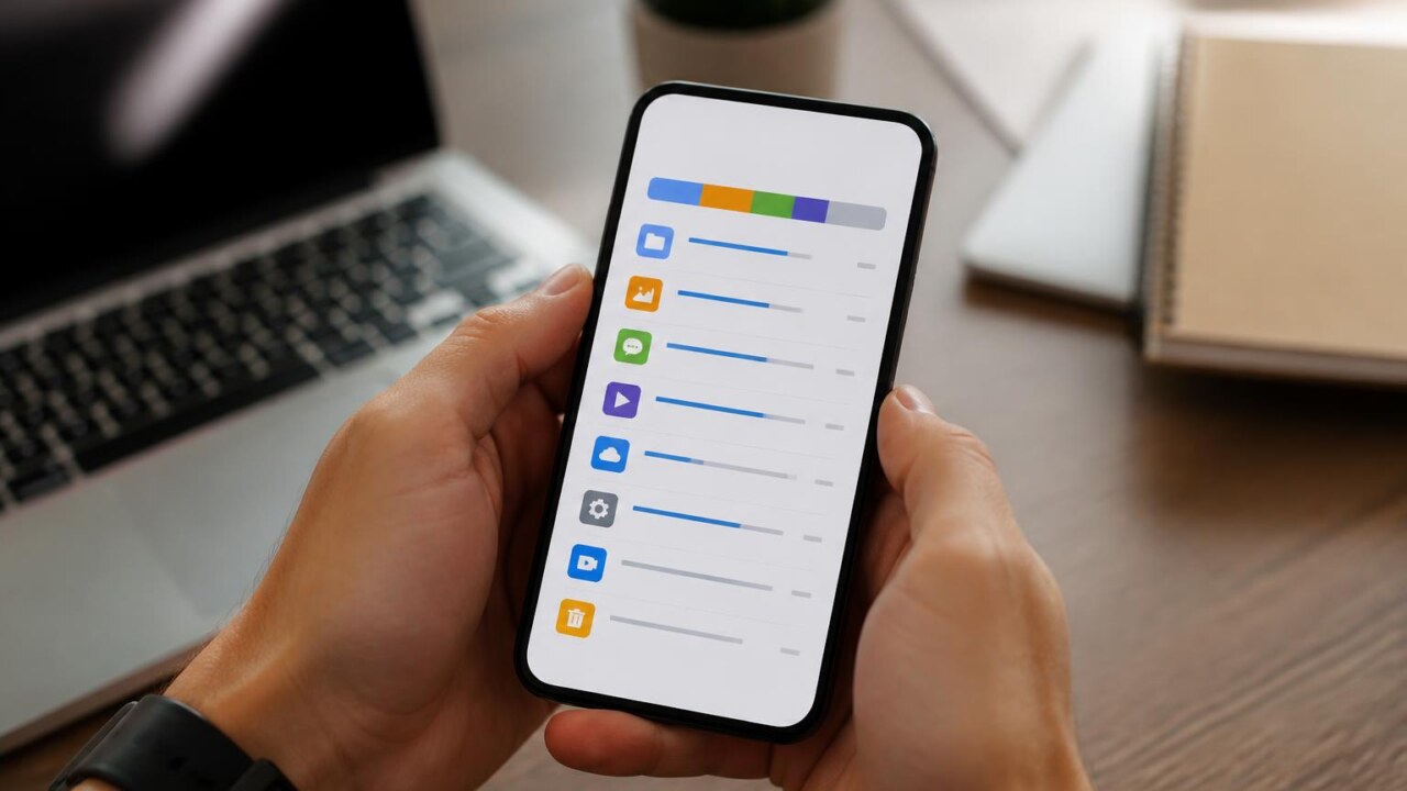 Pessoa verificando uso de armazenamento em um smartphone com a tela de ajustes aberta