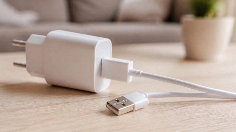 Cabo de carregamento com conector próximo a um bloco de carregador sobre uma superfície clara.