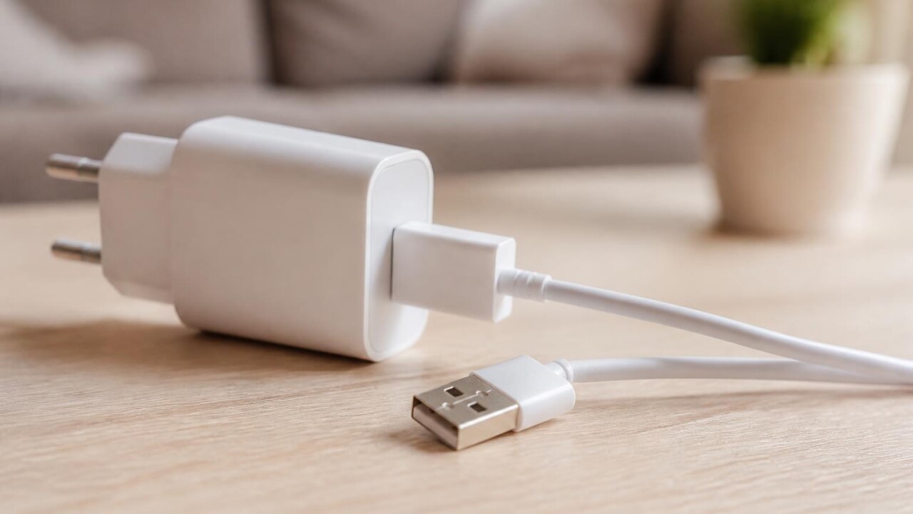 Cabo de carregamento com conector próximo a um bloco de carregador sobre uma superfície clara.