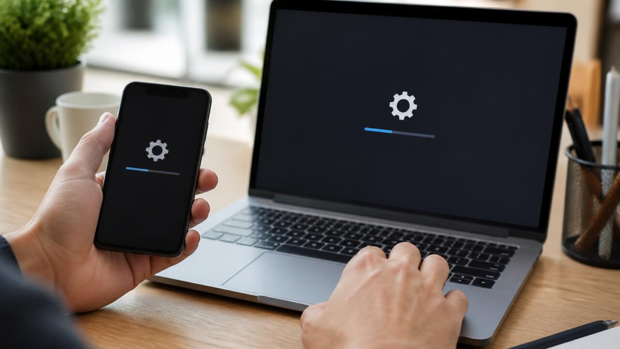 Pessoa atualizando aplicativos em smartphone e laptop em ambiente de trabalho.