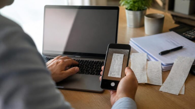 Pessoa digitalizando recibos com celular sobre uma mesa organizada com laptop e documentos