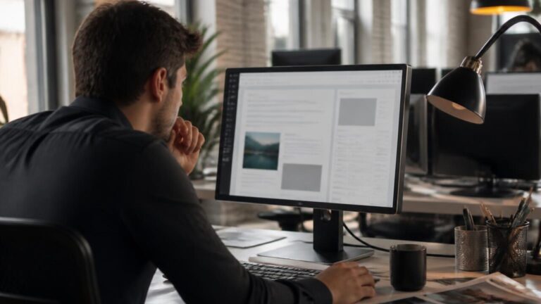 Pessoa analisando texto e metadados em computador para identificar conteúdo gerado por IA
