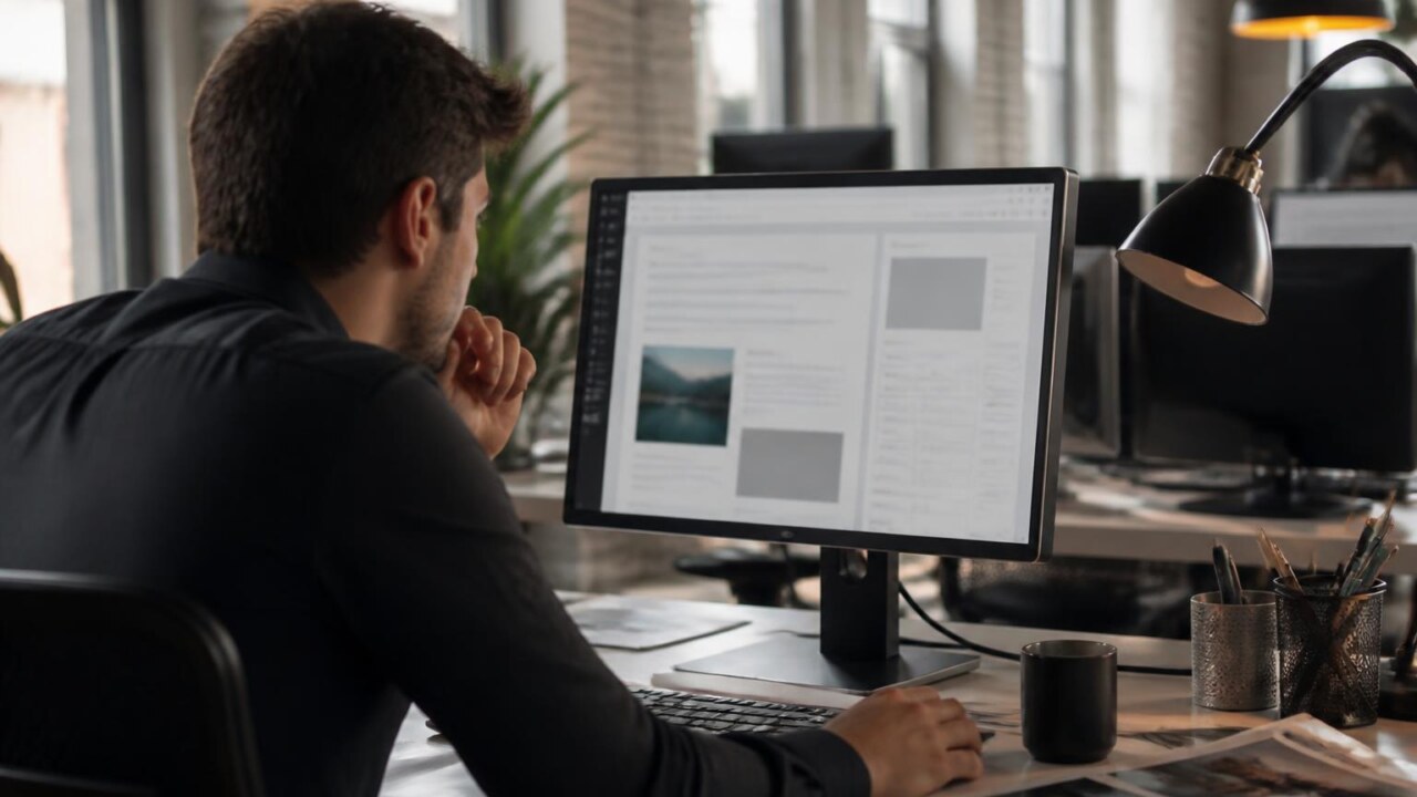Pessoa analisando texto e metadados em computador para identificar conteúdo gerado por IA