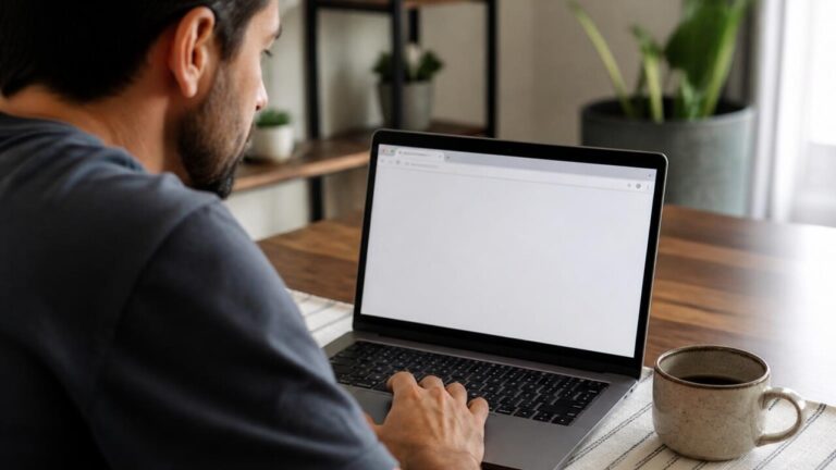 Pessoa analisando uma página de loja online no laptop, verificando a URL na barra de endereços