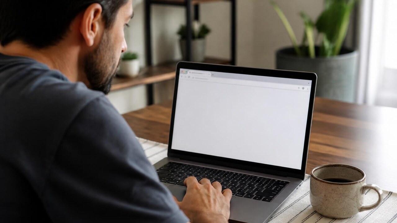 Pessoa analisando uma página de loja online no laptop, verificando a URL na barra de endereços