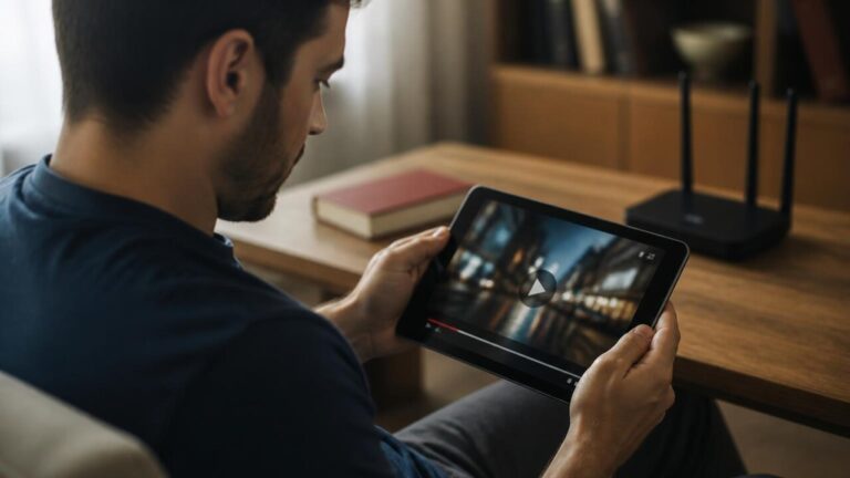 Pessoa assistindo streaming em tablet com ícone de Wi Fi ao fundo, sugerindo economia de dados
