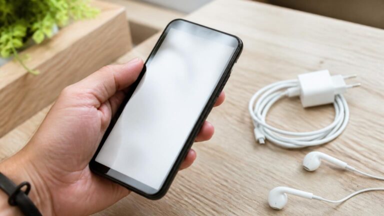 Pessoa examinando um smartphone usado sobre uma mesa bem iluminada, com cabo de carregador e fone próximos.