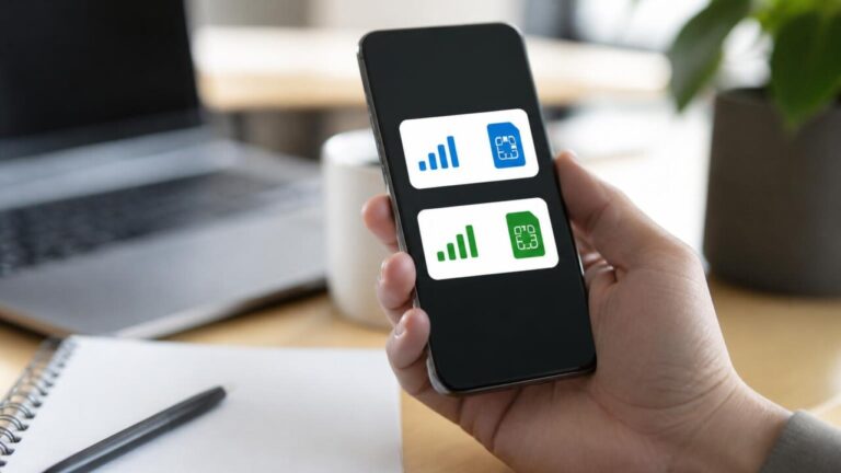 Pessoa segurando smartphone com dois ícones de sinal representando duas linhas móveis